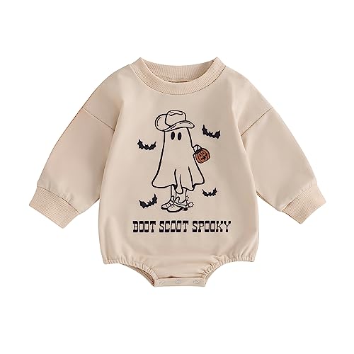 Newborn Baby Girl Boy Halloween Outfit Long Sleeve Pumpkin Ghost Sweatshirt Romper Oversized Onesie Fall Clothes (F-Apricot, 6-12 Months)