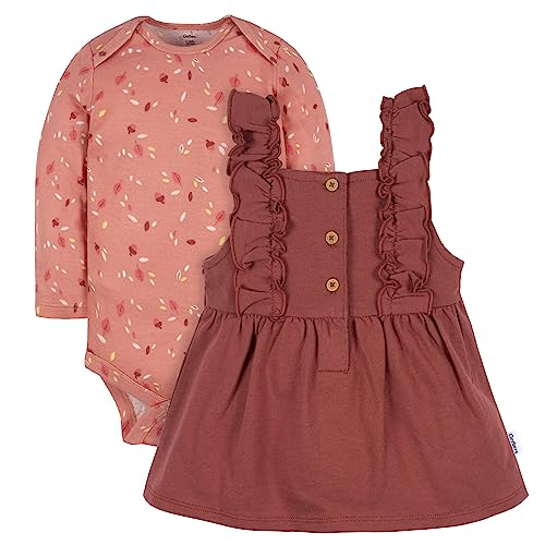 Gerber Baby Girls Toddler 2 Piece Overall Dress Set, Orange Leaves, 12 Months