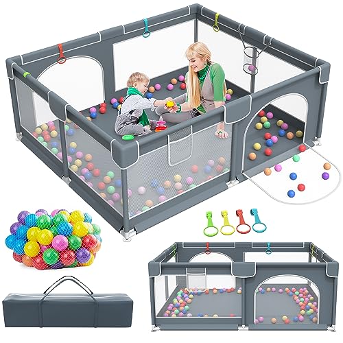 Baby Playpen, 79″ x 63″ Extra Large Play Yard Playpen for Babies and Toddlers with 50 Ocean Balls, Indoor & Outdoor Safety Baby Activity Center with Breathable Mesh, Anti-Slip Suckers and Zipper Gate