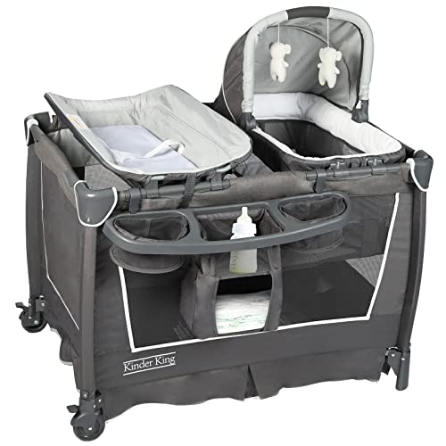 Kinder King 5 in 1 Portable Nursery Center, Foldable Playard for Baby & Toddler, Infant Pack n Play w/Bassinet, Mattress, Newborn Changing Table, Cradle, Travel Bag, Music Box, Storage Basket, Grey