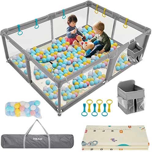 HEAO XXL 79×59 Baby Playpen with Playmat & stroage Bag Kids Large Playard with 30PCS Pit Balls Indoor & Outdoor Kids Activity Center Infant Safety Gates Light Grey