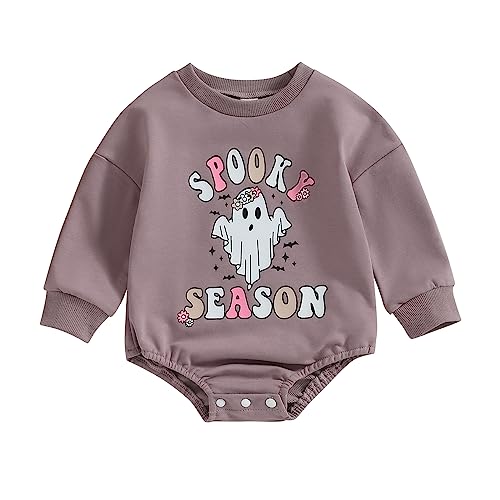 FYBITBO Newborn Halloween Outfit Girl Boy Spooky Season Sweatshirt Rompers Bubble Sweater Onesie Fall Halloween Baby Clothes (Purple-Spooky Season Romper, 12-18 Months)