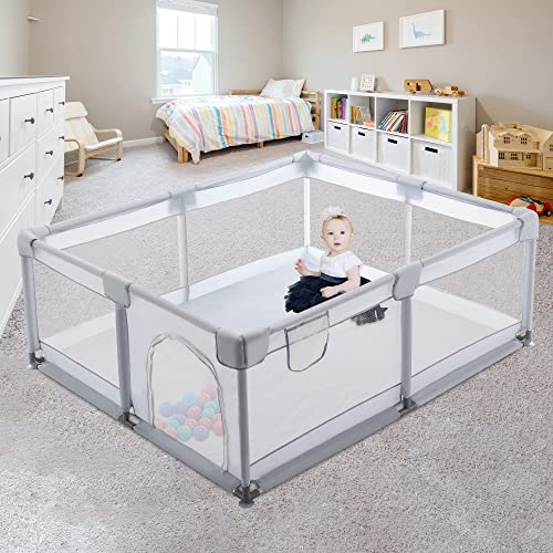 Eyasure Baby Playpen,Playpen for Babies and Toddlers,Baby Playards,Indoor & Outdoor Activity Center with Anti-Slip Base,Sturdy Safety Playpen with Soft Breathable Mesh (Grey 71 * 59 * 27″)