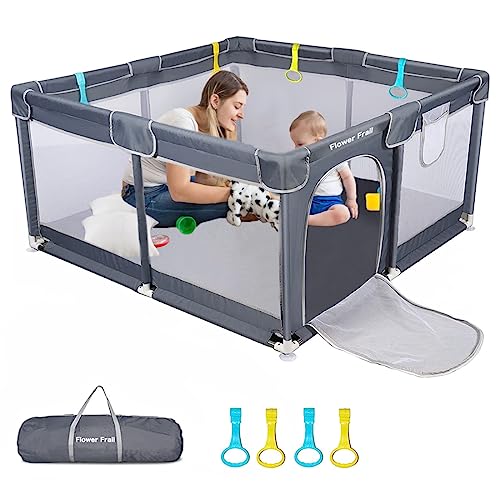 Small Baby Playpen 50×50 inch- Playpen for Babies and Toddlers with Zipper Gates- Sturdy Safety Baby Fence- Play Yard with Pull Rings- Kids Activity Play Center Visible Mesh-Waterproof Oxford Cloth