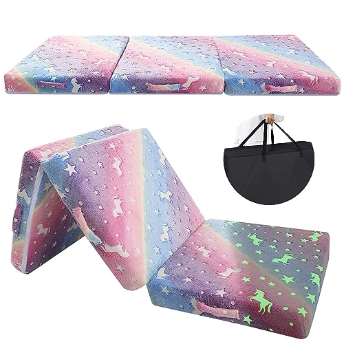 MeMoreCool Foldable Floor Mattress for Kids, Coloful Glow in The Dark Toddler Nap Mat Sleeping Daycare, Small Child Bed, Trifold Futon Portable Tri Folding