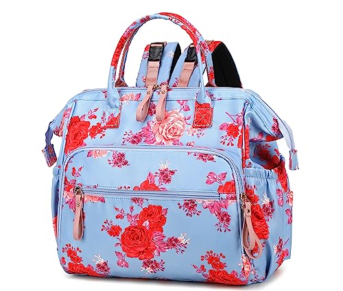 LORADI Convertible Diaper Bag Tote, Water-Resistant 14 Pockets Diaper Backpack with Anti-theft Pockets and Stroller Clips, Blue-Rose Flower