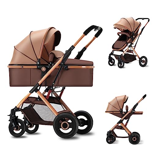 PEARLOVE 2 in 1 Convertible Baby Stroller Newborn Reversible Bassinet Pram, Foldable Pushchair with Adjustable Canopy Folding High Landscape Infant Carriage, Anti-Shock Toddler Pushchair