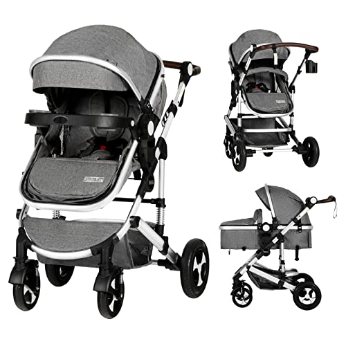 Kinder King 3 in 1 Reversible Baby Stroller w/Detachable Tray, Convert to Newborn Bassinet Pram, Folding Infant Carriage for Toddler, Adjustable Canopy & Handle, Aluminum Alloy, Suspension Wheels