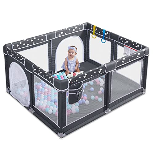 ANGELBLISS Baby Playpen, Large Baby Playard, Play Pens for Babies and Toddlers with Gate, Indoor & Outdoor Play Area for Infants, Kids Safety Play Yard with Star Print (Dark Grey, 50″×50″)