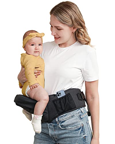 Baby Hip Seat Carrier, Stylish Hip Seat Baby Carrier for Newborns to 8-66 lbs Toddlers, Various Pockets, Adjustable Waistband, Ergonomic Non-Slip Toddler Carrier for Breastfeeding & On-The-Go (Black)