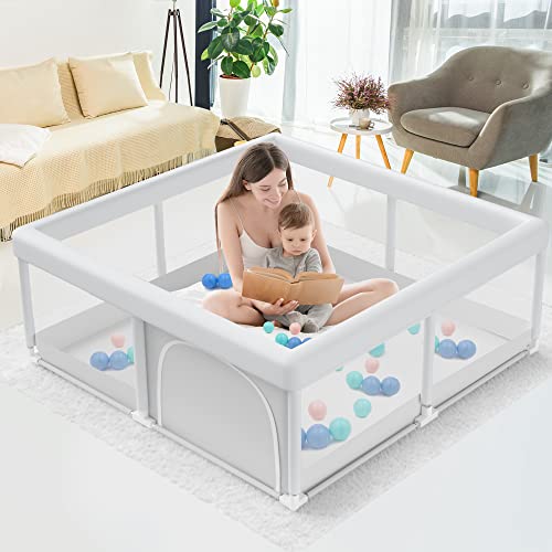 Baby Playpen Baby Playard, Playpen for Babies and Toddlers with Gate, 51×51 Small Baby Fence, Sturdy Safety Playpen, Indoor & Outdoor Kids Activity Center (with Anti-Slip Base) Silver Gray