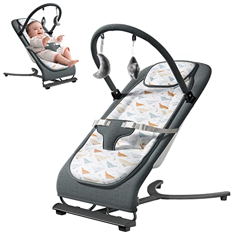 Baby Bouncer, Foldable Baby Rocker & Stationary Seat with 3-Point Safety Harness, Removable Fabric Cover & Plush Toys, Portable Bouncer for Newborns Baby 0-6 Months (Grey)