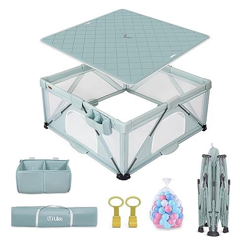 Foldable Baby Playpen, iTiLike Large Playard with Detachable Thicken Mat, Playpen for Babies and Toddlers with Storage Bag, Play Pens with Gate, Indoor & Outdoor Portable Play Yard, Sturdy Baby Fence