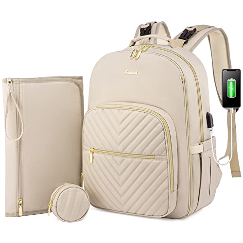 LOVEVOOK Diaper Bag Backpack, Quilted Baby Bag with Changing Pad & Pacifier Holder, Waterproof Travel Diaper Bags with USB Charging Port for Baby Boys Girls, Stylish and Large Capacity,Antique White