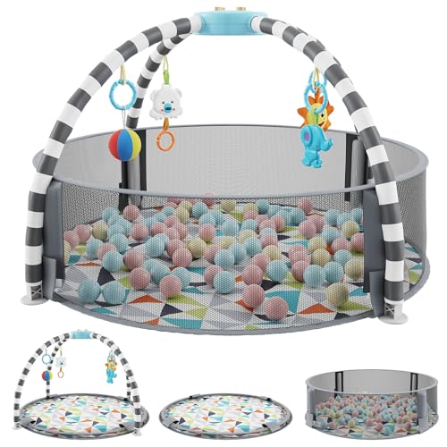 4 in 1 Play Gym and Ball Pit – Baby Play Gym with 6 Toys, Balls, Tummy Pillow, Tummy Time Play Mat – Easy to Set Up Baby Activity Mat – Baby Gym Ball Pit – Infant Playmats for Boy & Girl