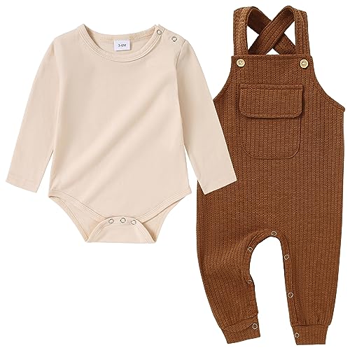 CARETOO Newborn Baby Boy Clothes,Infant Boy Romper Fall Winter Outfits Bodysuit 2Pcs Striped Long Sleeve Top Overalls 0-18M(Brown 12-18M)