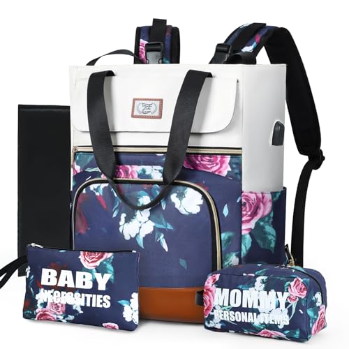 Lekereise Diaper Bag Backpack, Large Baby Nappy Bags with Changing Pad for Boys and Girls Multifunction Travel Baby Bag for Moms, Baby Shower Gifts, Floral