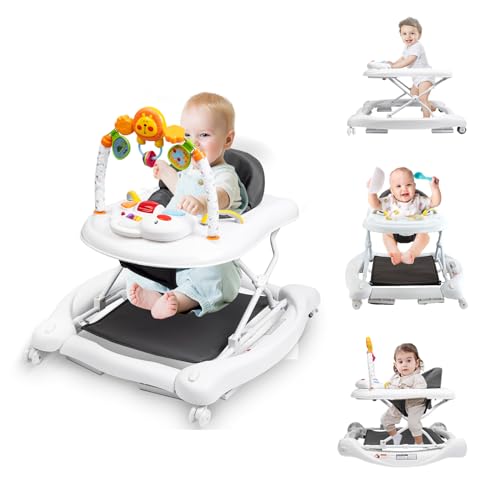 Baby Walker, 4-in-1 Baby Walkers for Boys and Girls with Bouncer & Wheels, Removable Footrest, Feeding Tray & Music Tray, Foldable & Adjustable Activity Walker for Babies 6-18 Months