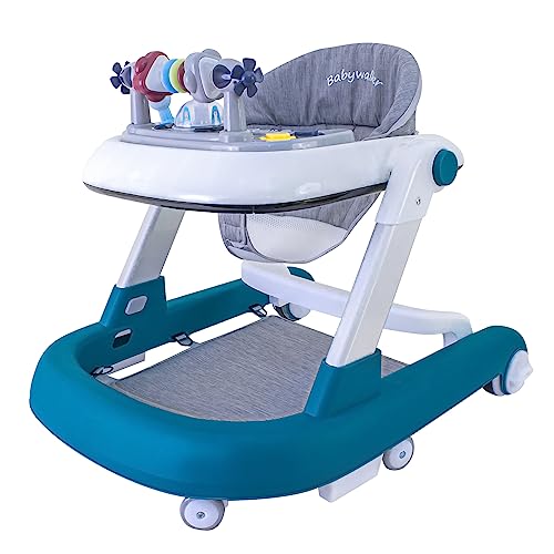 Foldable Baby Walker, 3 in 1 Toddler Walker Bouncer, Learning-Seated, Walk-Behind, Music, Adjustable Height, High Back Padded Seat, Detachable Trampoline Mat, Activity Walker with Toys (Blue)