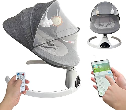 Luxccaiw Baby Swing for Infants,Electric Bouncer for Babies- Bluetooth Touch Screen/Remote ControTiming Function 5 Swing Speeds Baby Rocker Chair with Music Speaker 5 Point Harness Remote Control Gray