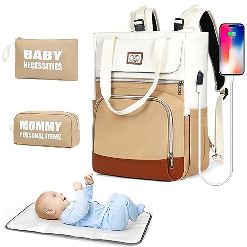 Lekereise Diaper Bag Tote with 2 Storage Bags, Large Baby Diaper Backpack, Maternity Nappy Bag, Beige