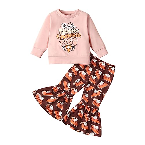 Toddler Baby Girl Thanksgiving Outfit Pumpkin Pie Long Sleeve Sweatshirt and Bell Bottoms Newborn Girl Clothes Set (Pumpkin Pies Pink, 2-3 Years)