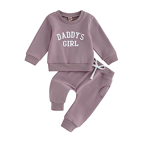 Toddler Baby Girl Clothes Long Sleeve Letter Print Crewneck Sweatshirt Sweatpants Fall Winter Sweatsuit Set Outfit (Daddy’s Girl Purple, 0-6 Months)