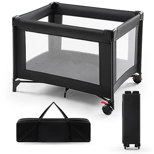 Portable Cribs for Toddlers, Lightweight Crib with Mattress Included, Toddler Playard for Travel, Xhakchik Foldable Cribs for Babies and Toddlers, One-Press Open Black Baby Playpen Crib