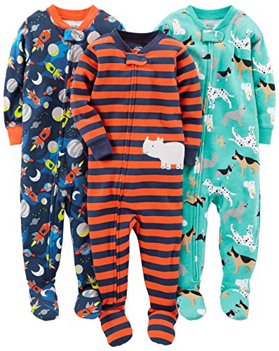 Simple Joys by Carter’s Baby Boys’ Snug-Fit Footed Cotton Pajamas, Pack of 3, Navy Space/Rust Stripe/Turquoise Green Dogs, 18 Months