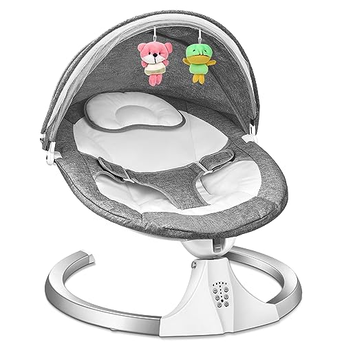 LownRain Baby Swings for Infants, Bluetooth Infant Swing with Preset Lullabies, 3 Point Harness Belt, 5 Speeds and Remote Control – Portable Baby Swing for Indoor and Outdoor (Grey)