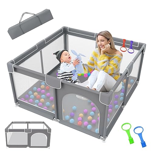 Baby Playpen,Playpen for Babies and Toddlers, Baby Play Yards Indoor,Safety Play Yard for Babies with Soft Breathable Mesh,No Gaps Playpen for Babies,Extra Large Baby Playpens(71”×59”,Grey)