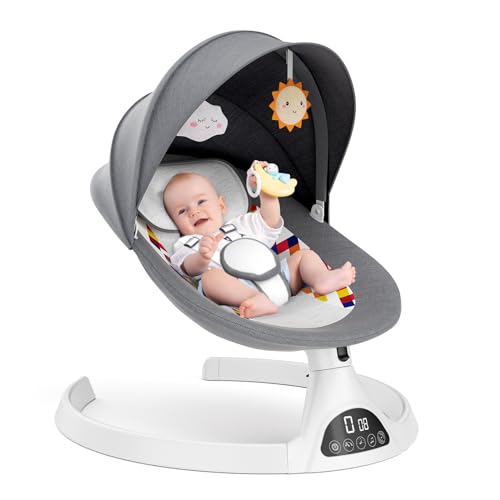 Ixdregan Baby Swing – 5 Sway Speeds Baby Swings for Infants with 12 Preset Lullabies and Bluetooth, Portable Baby Rocker Soft and Safe Fabrics, 3 Timer Settings, Remote Control, for Baby 5-20Lb, Grey