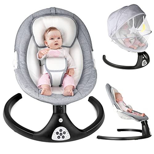 MISSAA Baby Swing for Infants, Bluetooth Electric Bouncer for Babies with 5 Sway Speeds, 3 Seat Positions, 12 Music, Remote Control, Gray