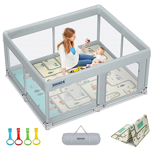 SHIADA Baby Playpen with Mat 50×50 Playpen for Babies and Toddlers,Baby Play Pen,Indoor & Outdoor Activity Center,Kids Playpen with Gate,Safety Baby Fence Play Area with Breathable Mesh(Gray)