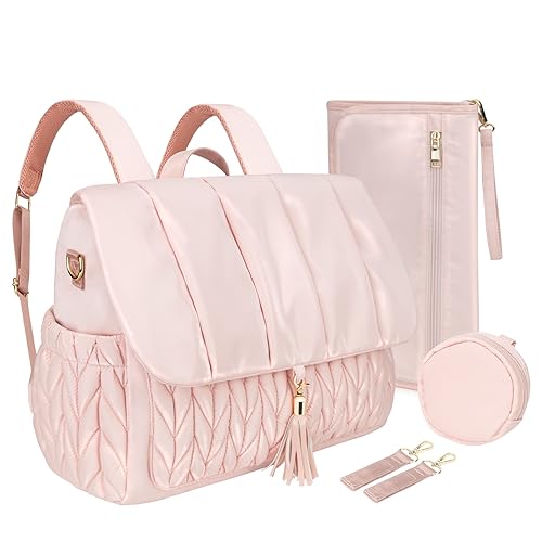 Pripher Diaper Bag BackPack Large Capacity, Baby Diaper Bag with Changing Bag & Pacifier Case for Girl and Mom, Pink