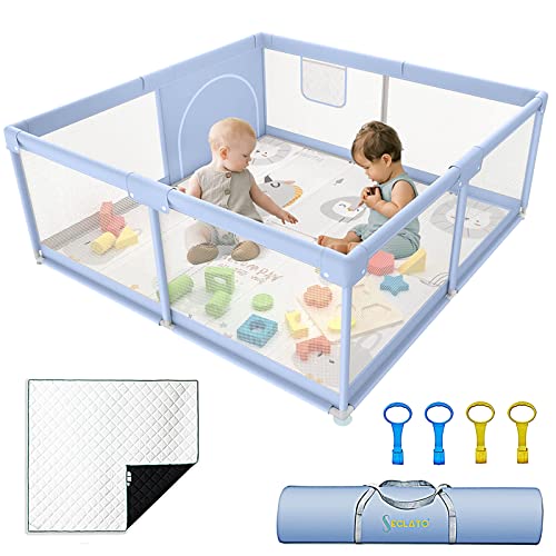 SECLATO Baby Playpen Baby Playard, Extra Large Playpen for Babies and Toddlers with Mat, 71×79″ Baby Fence with Gate, Sturdy Safety Playpen, Indoor & Outdoor Kids Activity Center (with Anti-Slip Base)