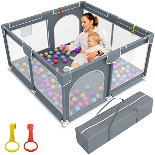 Baby Playpen, Large Baby Playard Baby Playpen for Toddlers, Portable Large Baby Fence Area with Anti-Slip Base, Kids Activity Center with Gate, Baby Play Yard Baby Fence with Soft Breathable Mesh