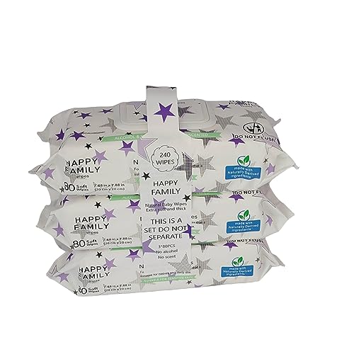 HAPPY FAMILY WIPES – Baby Wipes, 99% Water, Compostable, Organic Wipes, Hypoallergenic, Alcohol & Paraben Free, For Sensitive Skin – Pack of 3