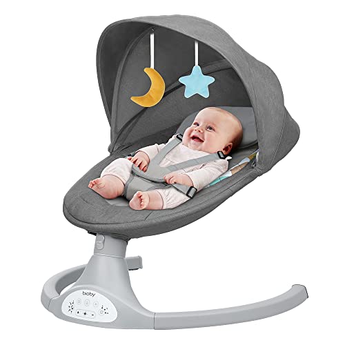 Bioby Baby Swing for Infants to Toddler, Electric Portable Baby Bouncer for 0-12Months Newborn, Baby Rocker with 5 Swing Speeds and Remote Control, Touch Screen, Bluetooth Music, for Baby 5-20Lb,Grey