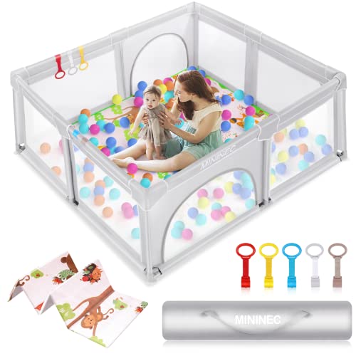 Baby Playpen with Mat,70″x59″ Baby Playpen for Babies and Toddlers,Kids Playard Activity Center with Anti-Slip Design,Zipper Gates with Visible Mesh,Hand Rings