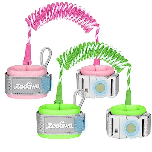 Zooawa Toddler Leash 2Pack, Toddler Kids Harness Anti Lost Wrist Link with Magnetic Lock, Reflective Safety Walking Harness Wristband Leashes for 2,3,4 Years Old Boys Girls, Green+Pink