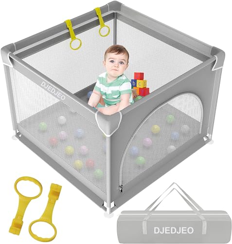 DJEDJEO Small Playpen for Babies, Portable Playpen for Babies and Toddlers, Safety Play Gate Play Yard, Baby Fence Indoor Outdoor Playard Activity Center with Door and 2 Pull Up Rings(36”×36”,Gray)