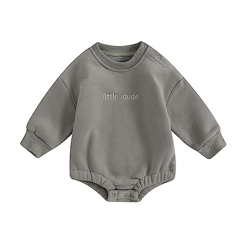 YOKJZJD Newborn Baby Boy Outfits Fleece Little Dude Bubble Romper Sweatshirt Long Sleeve Bodysuit T-Shirt Warm Fall Winter Clothes (Grey, 3-6 Months)