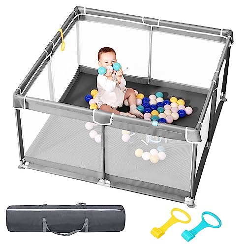 Baby Playpen, 50″x50″ Baby Playard, Playpen for Babies and Toddlers with Gate, Small Baby Playpen, Indoor & Outdoor Kid Activity Center with Anti-Slip Base, Sturdy Safety with Soft Mesh(Gray)