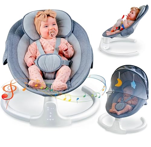 Nookbeya Portable Baby Swing for Infants, Swivel Infant Seat and Music, 5 Speed and 3 Height Can be Adjusted, Bluetooth Touch Screen/Remote Control Timing Function, 0-9 Months 6-20 lbs