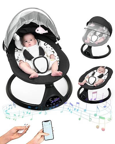 Queerick Baby Swing for Infants to Toddler Portable Babies Swing Timing Function 5 Swing Speeds Bluetooth Touch Screen Music Speaker with 10 Preset Lullabies 5 Point