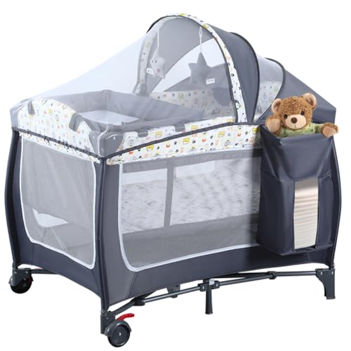 ANNA QUEEN 4 in 1 Pack and Play,Portable Baby Nursery Center Baby Playard with Bassinet &Changing Table,Foldable Baby Crib Travel Playpen with Wheels,Removable Canopy with Toys,Storage Bag (Grey)