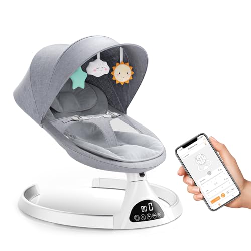 Ixdregan Baby Swings for Infants – Exclusive App & Bluetooth Electric Baby Swing, Smart Sensor&Timing, 5 Speeds, 12 Preset Lullabies and Back-Up Pillow, Portable Baby Swing for Indoor/Outdoor(Grey)