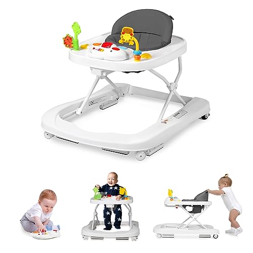 TODEFULL Baby Walker with Wheels, 3 in 1 Baby Activity Center for Boys Girls, Foldable Toddler Walker and Bouncer Combo W/Music Toys, Infant Learning-Seated Walk w/Adjustable Height Speed, Grey