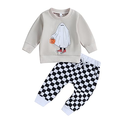 Lamuusaa Newborn Baby Boy Halloween Outfit Ghost Crewneck Sweatshirt Tops Checkerboard Pants Halloween Baby Clothes 0-3T